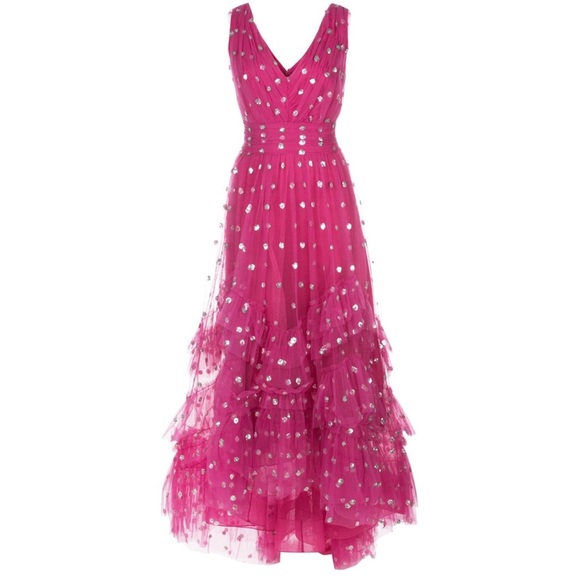Marchesa Notte Sequin Dot Tulle Ruffle Midi Dress - Picture 6 of 13